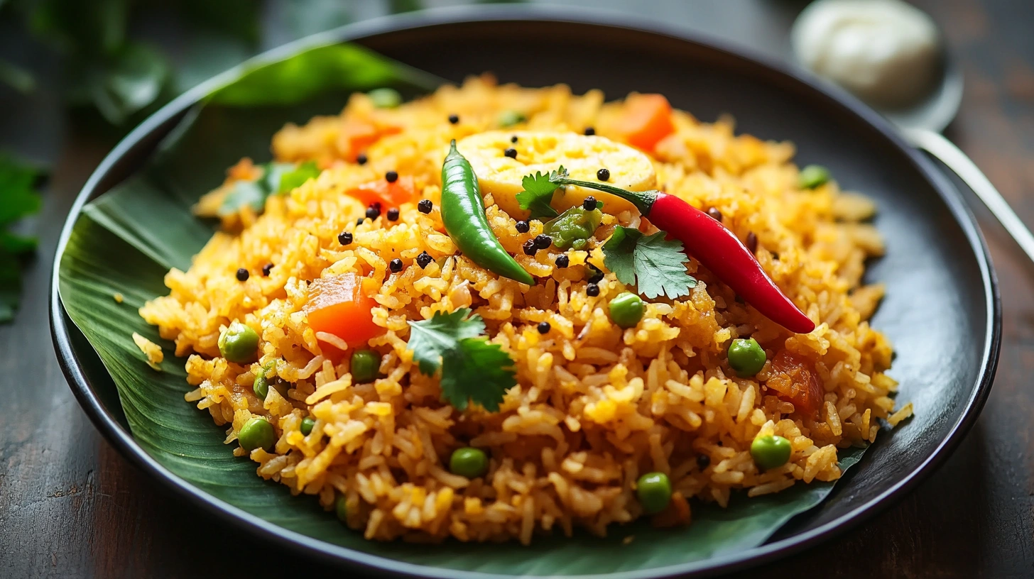 A vibrant plate of Anjappar egg fried rice served on a banana leaf, garnished with curry leaves and black pepper.