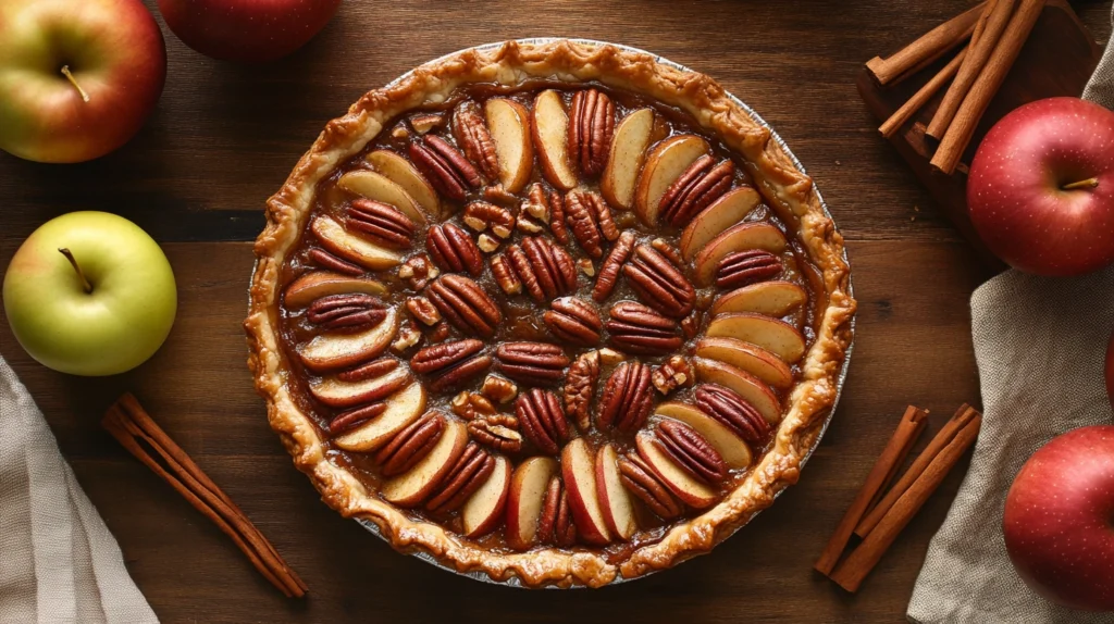 Golden-brown apple and pecan Danish pastry tart styled with caramelized apples and pecans on a rustic wooden table.