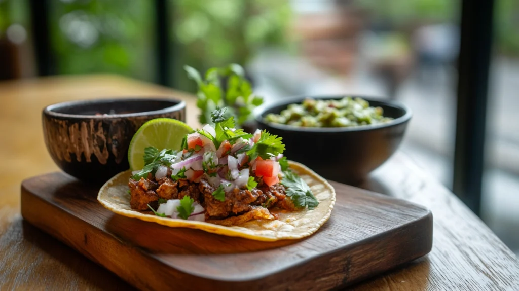 Discada Recipe tacos with cilantro, onions, and lime served on a wooden board with fresh salsa and guacamole