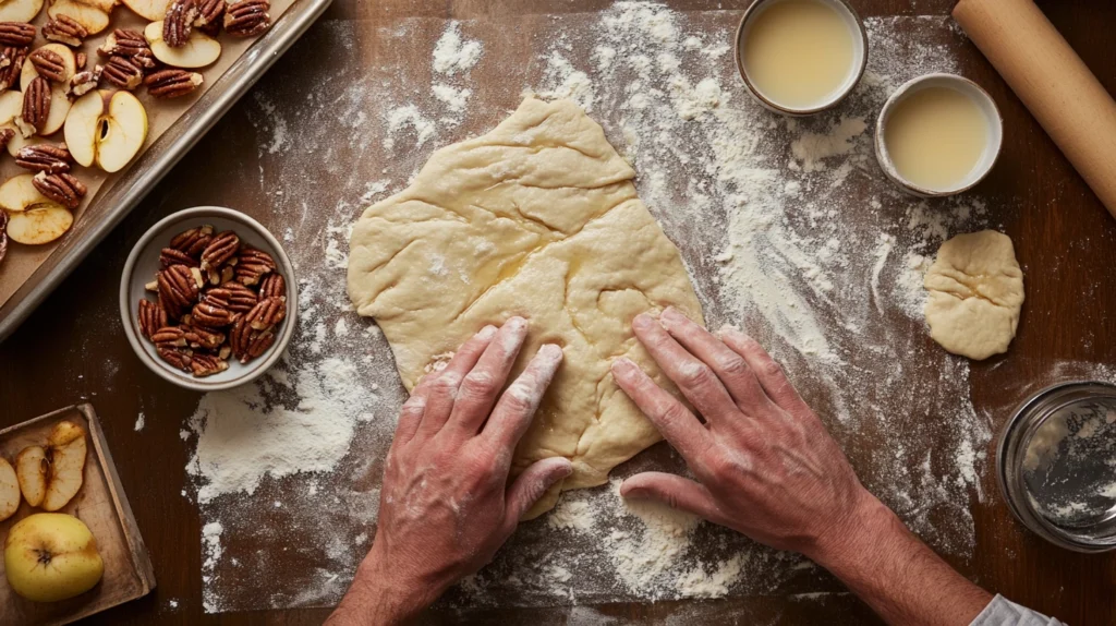 Baker’s hands shaping laminated dough with apple slices and pecans nearby, preparing a Danish pastry tart.