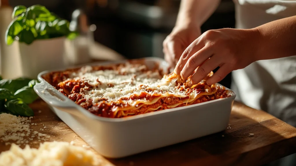 Process shot of a lasagna being layered with noodles, meat sauce, and cheese, showing hands in action on a wooden surface