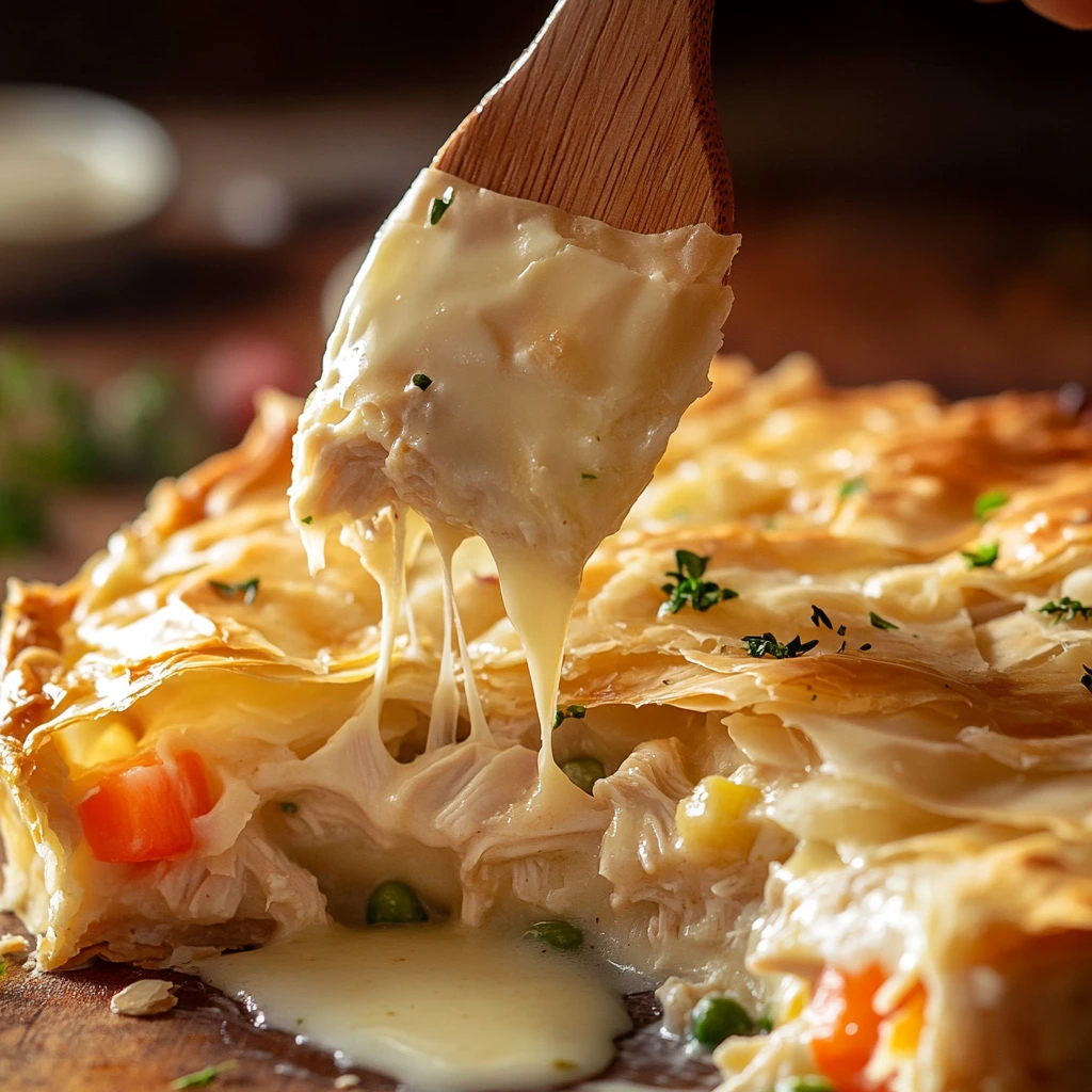 Layering phyllo dough over creamy chicken and vegetable filling for Phyllo Chicken Pot Pie