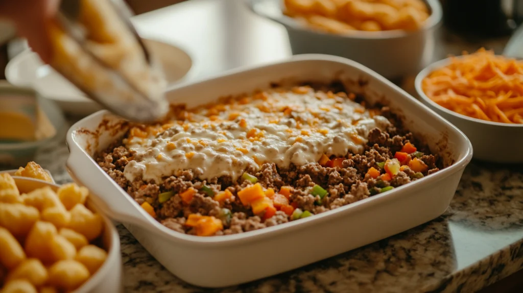 Close-up of a baking dish being layered with ground beef, cream of mushroom soup, and mixed vegetables, with tater tots and shredded cheese in bowls nearby on a marble kitchen counter