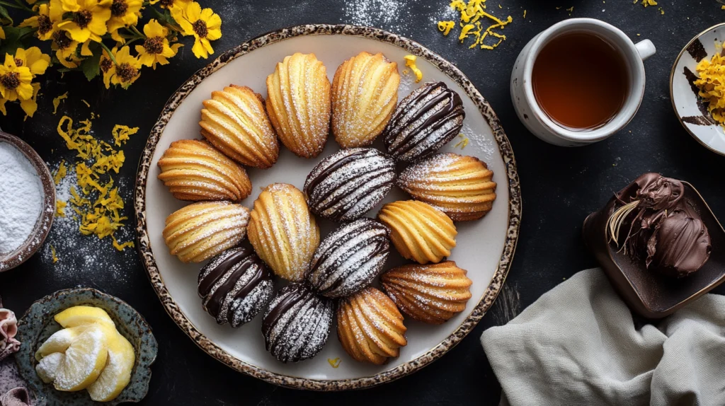 Assorted Madeleine cookies dusted with powdered sugar and dipped in chocolate on a platter with lemon zest and tea.