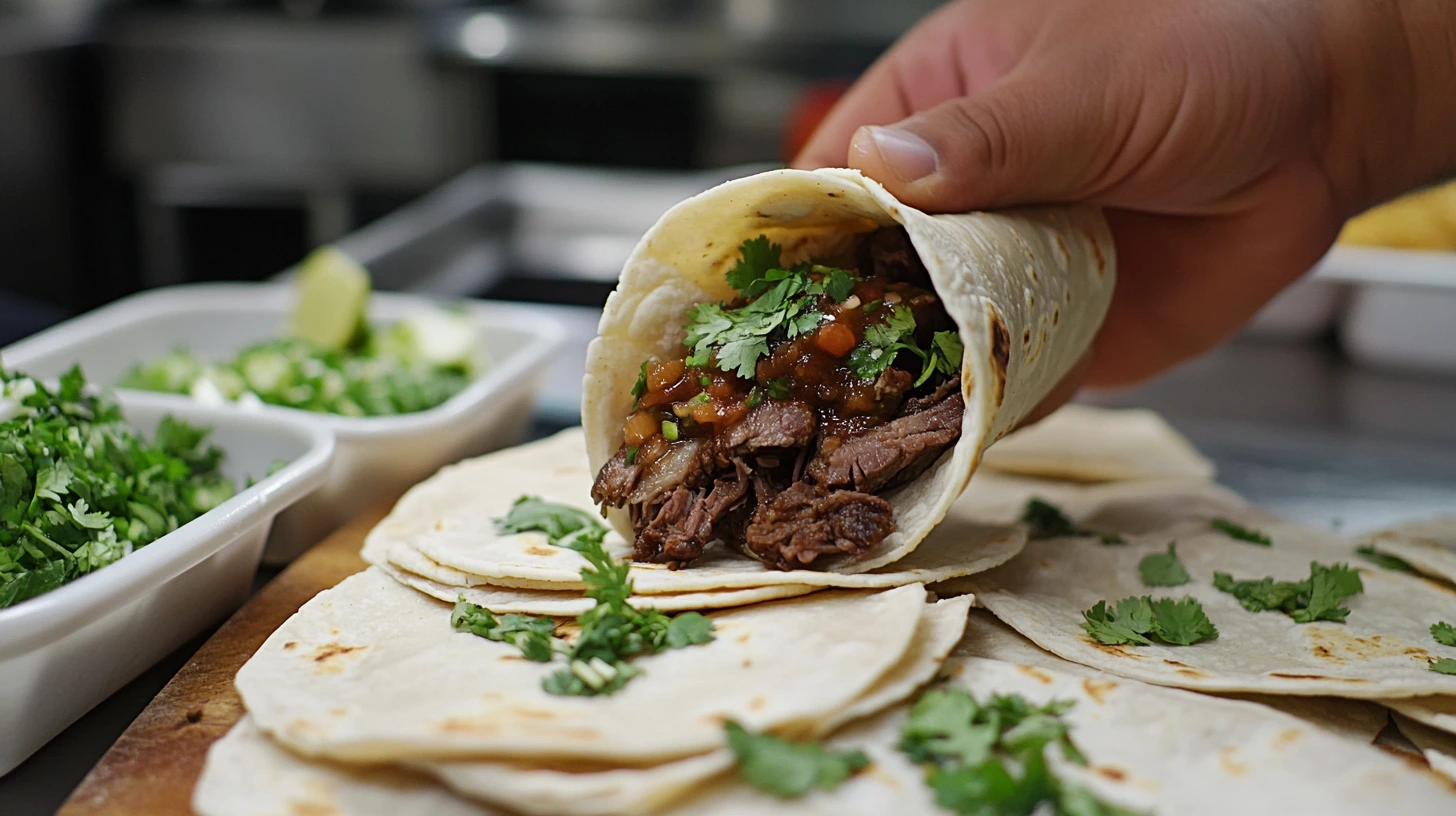 Freshly assembled tacos de lengua with cilantro, onions, lime, and salsa verde on a wooden board.