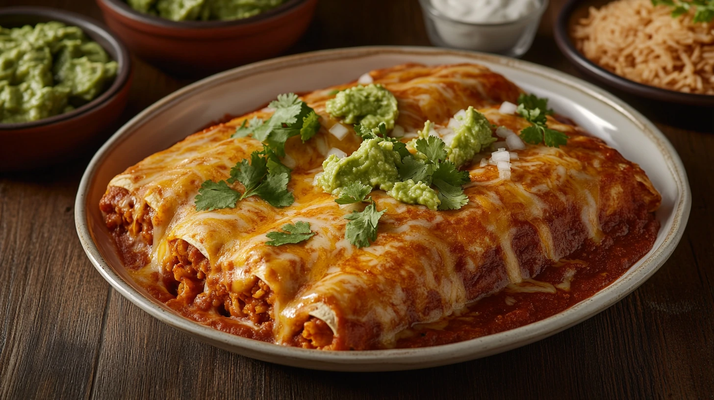 Overhead view of freshly baked enchiladas topped with melted cheese and garnished with cilantro, served with Mexican sides.