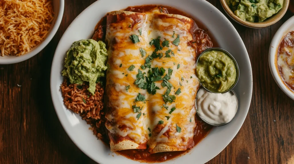 Plate of Boulders enchiladas with melted cheese, sour cream, Mexican rice, and beans