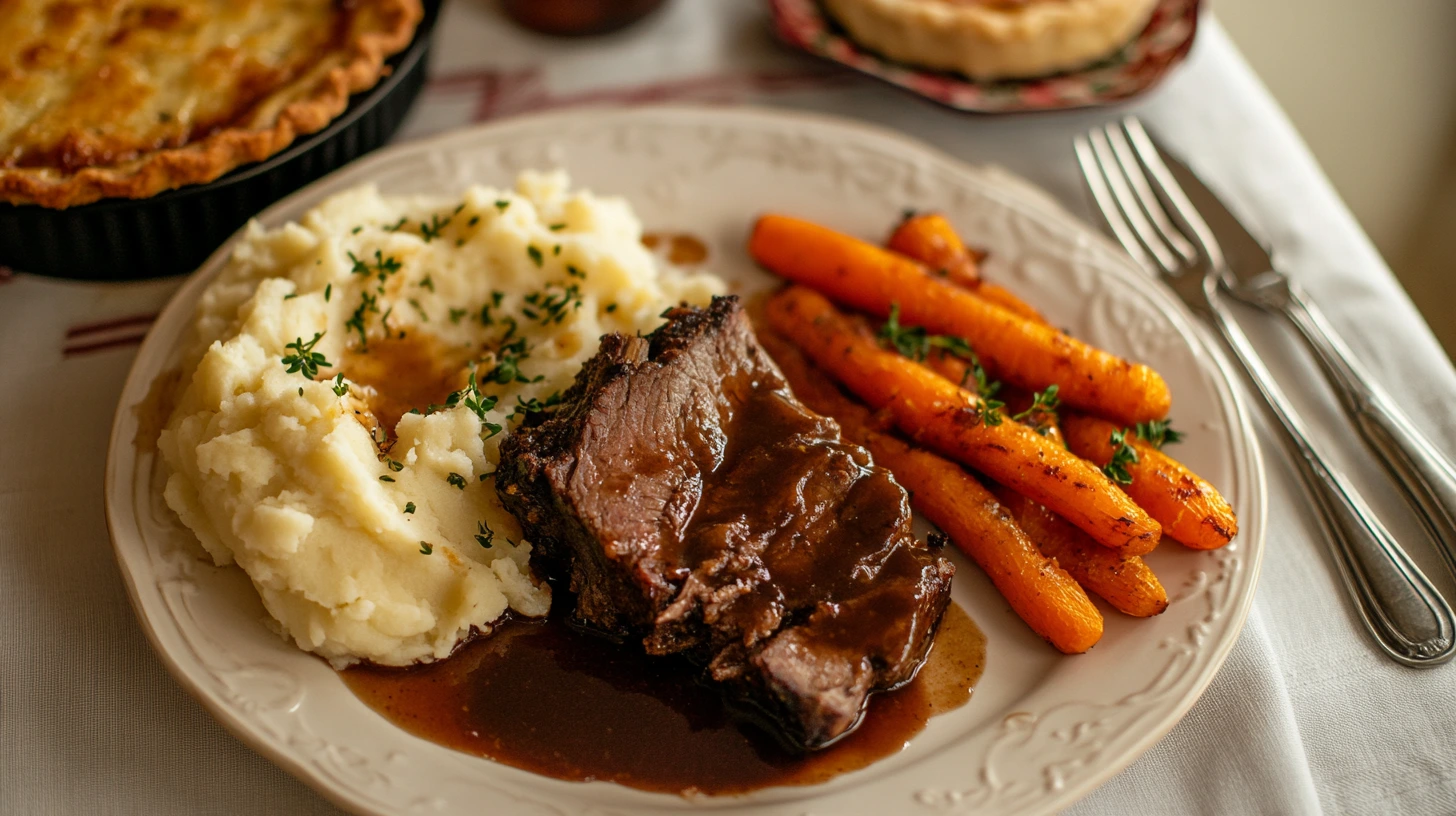 Beef cheek meat served with mashed potatoes, roasted carrots, and a drizzle of sauce.