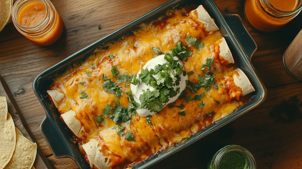 Close-up of Boulders enchilada recipe in a baking dish with bubbling cheese and fresh cilantro