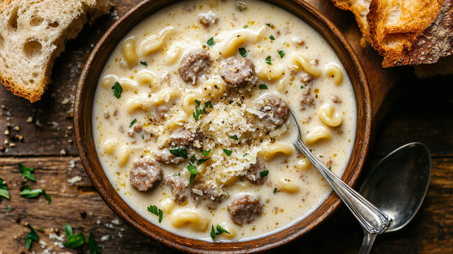 A comforting bowl of creamy parmesan Italian sausage soup with pasta, garnished with fresh parsley and parmesan.