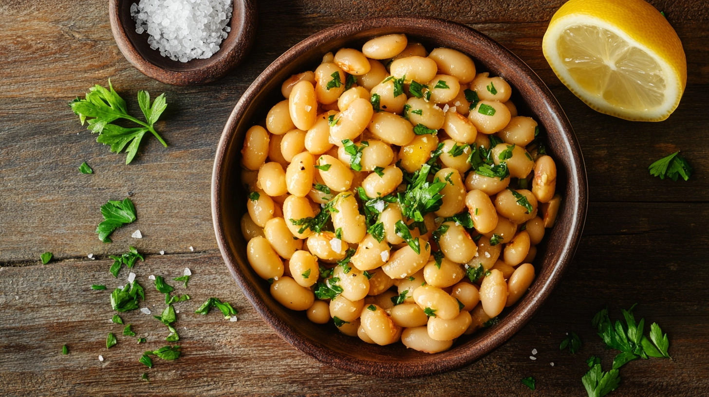 A bowl of cooked lupini beans garnished with parsley, with sea salt and lemon wedges on a rustic wooden table.