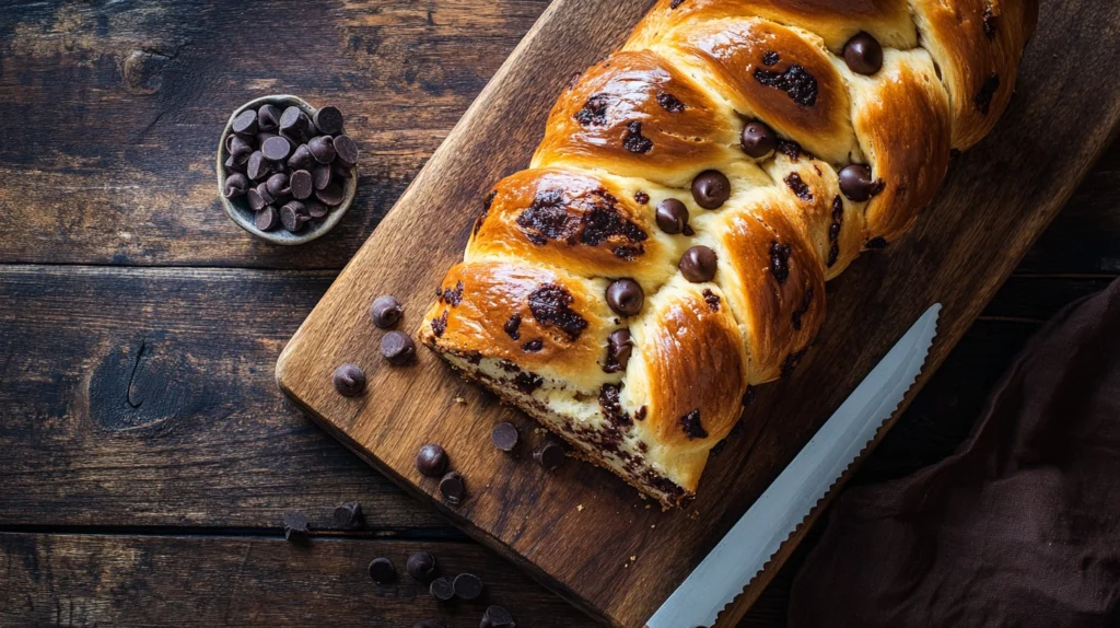 Freshly baked Braided Chocolate Chip Brioche Recipe with a golden crust, glossy egg wash, and melted chocolate chips inside.