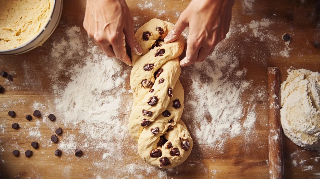 Hands braiding strands of chocolate chip brioche dough on a floured wooden surface, with chocolate chips peeking through.