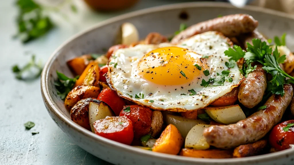 Breakfast bowl with sausage turkey fat gravy, roasted vegetables, and an egg