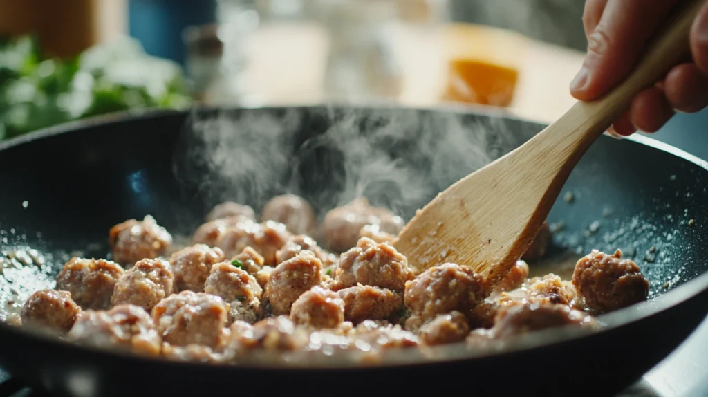 Turkey sausage being browned in a skillet for homemade sausage turkey fat gravy