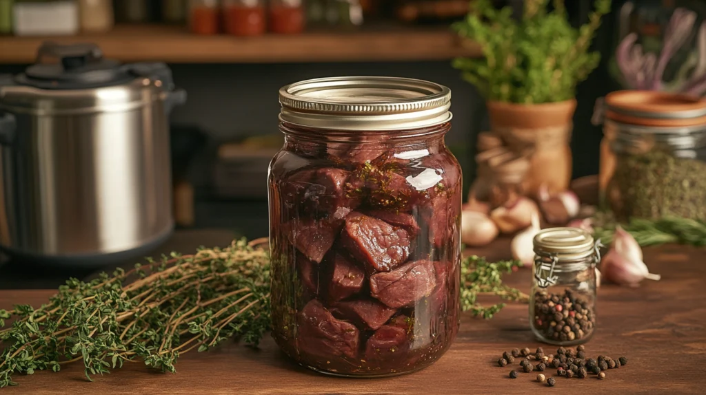 A rustic jar of Canned Deer Meat Recipes surrounded by fresh herbs and spices on a wooden table.