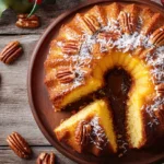 A beautifully plated Caribbean festival rum cake with a slice cut out, showcasing its moist texture and golden color.