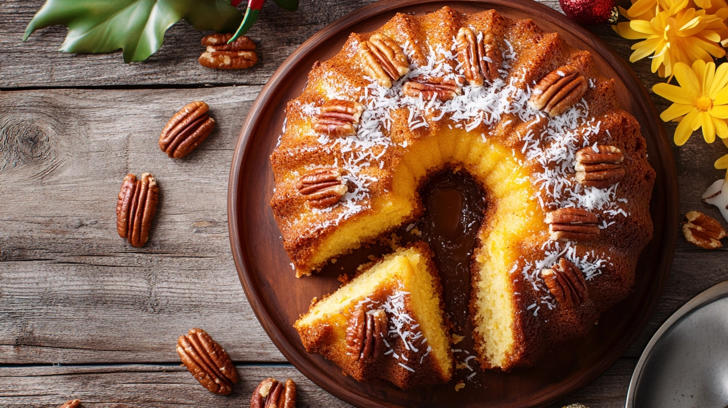 A beautifully plated Caribbean festival rum cake with a slice cut out, showcasing its moist texture and golden color.