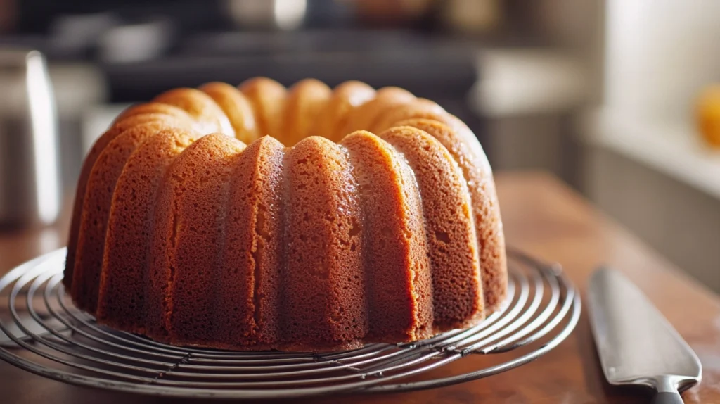 A freshly baked Caribbean festival rum cake cooling on a rack, golden brown and ready to be soaked in sweet syrup.