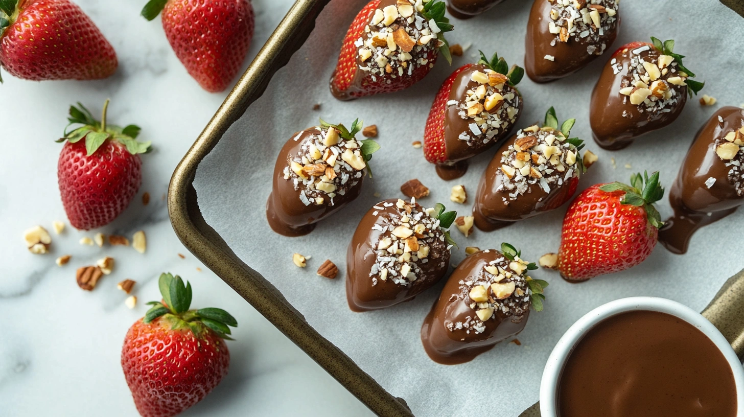 Close-up of carob-covered strawberries on a tray with crushed nuts and coconut flakes.