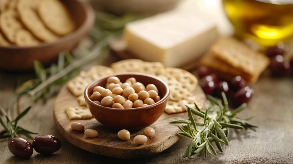 A charcuterie board with lupini beans, olives, cheese, crackers, and rosemary, styled on a wooden serving platter.