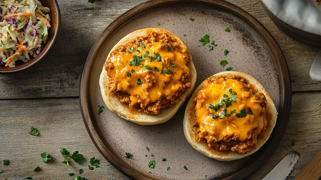 Cheesy chicken sloppy joes served on toasted buns with cheddar cheese and coleslaw.