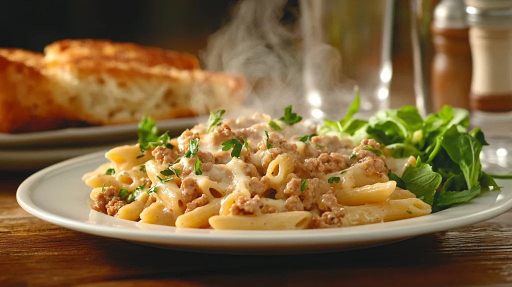 A plated serving of One-Skillet Cheesy Ground Chicken Pasta Recipe, garnished with parsley, served with garlic bread and fresh salad.