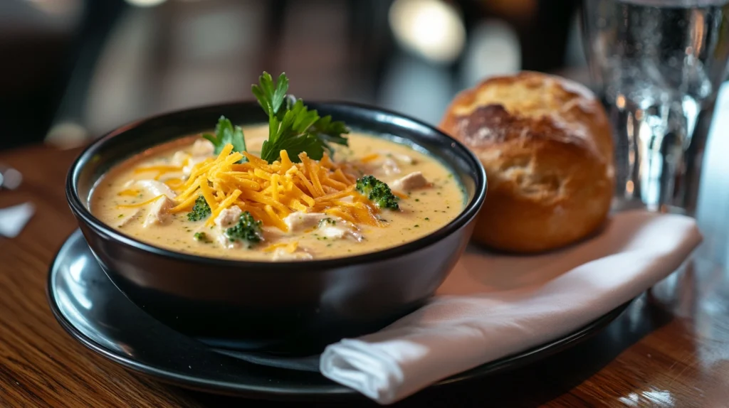 A bowl of chicken broccoli cheddar soup garnished with parsley and cheddar cheese, served with a crusty bread roll.