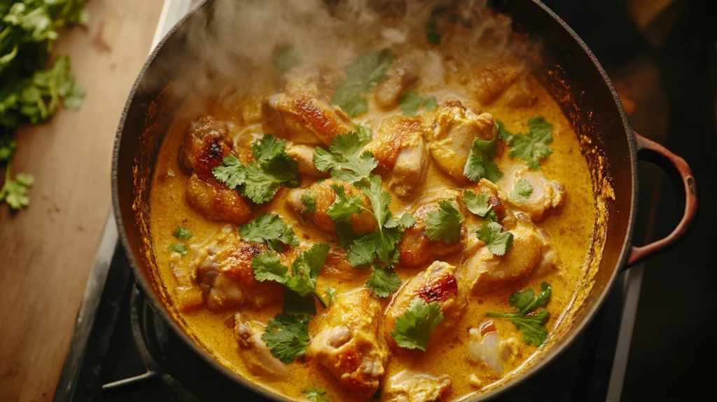 Churu Chicken Amarillo Recipe simmering in creamy aji amarillo sauce with fresh cilantro garnish.