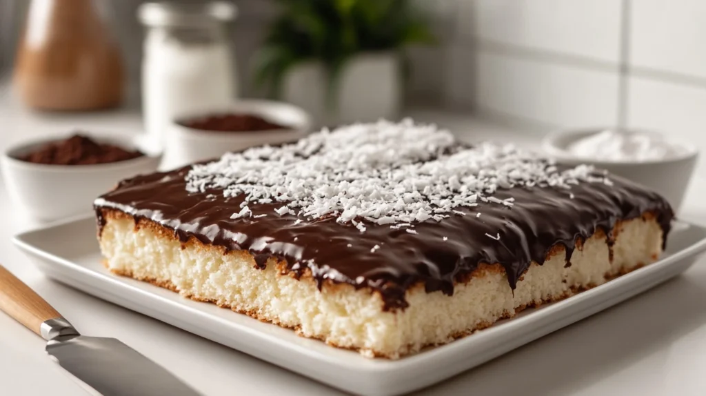 Kefir sheet cake topped with chocolate glaze and shredded coconut on a white serving platter.