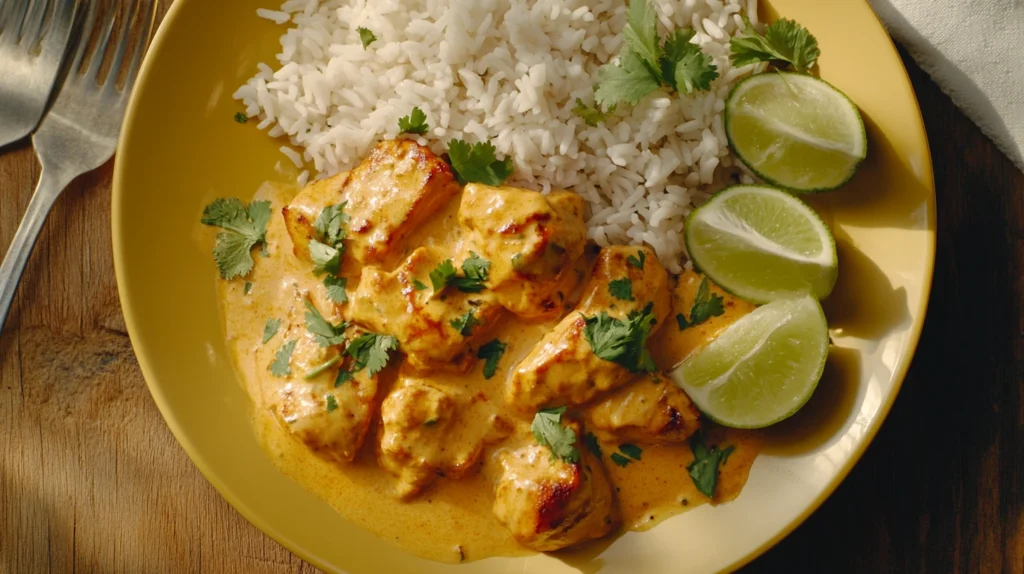 Churu Chicken Amarillo served with rice and garnished with cilantro and lime.