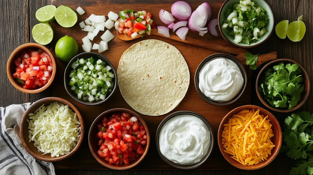 Discada topping station with bowls of onions, cilantro, lime, salsa, cheese, and warm tortillas