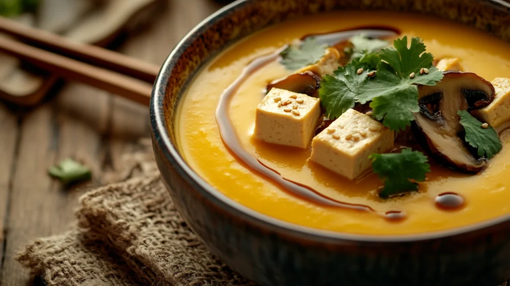 Kabocha squash soup with tofu and mushrooms, garnished with cilantro and sesame oil, served in a ceramic bowl.