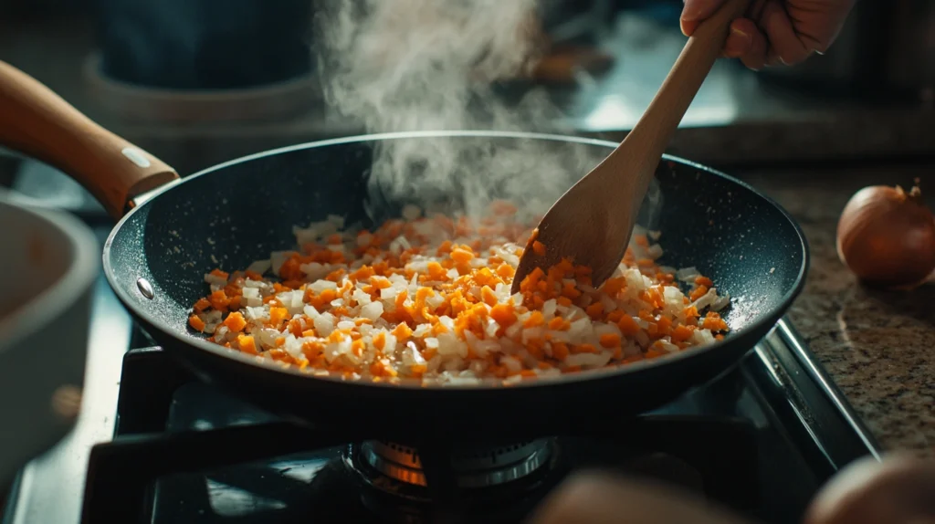 Onions, garlic, and carrots sautéing in a pan for salsa de tomate preparation