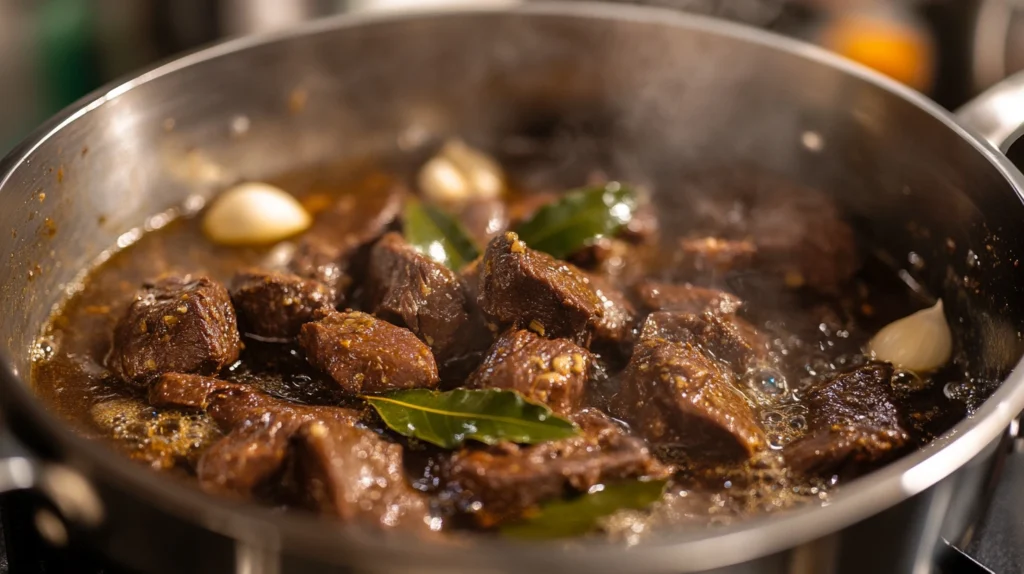 Beef tongue simmering in a pot with bay leaves, garlic, and spices