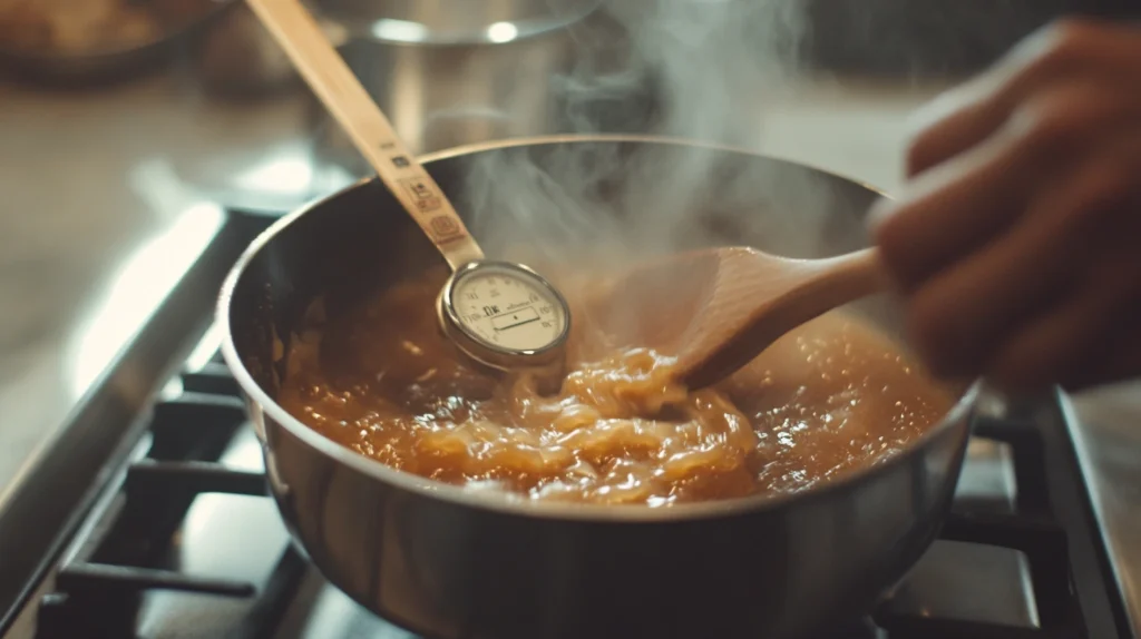 Close-up of a bubbling butterscotch mixture in a saucepan with a candy thermometer.