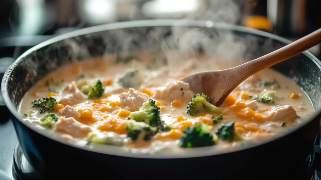 Creamy chicken broccoli cheddar soup being stirred in a pot, with visible chicken chunks, broccoli florets, and melted cheese.