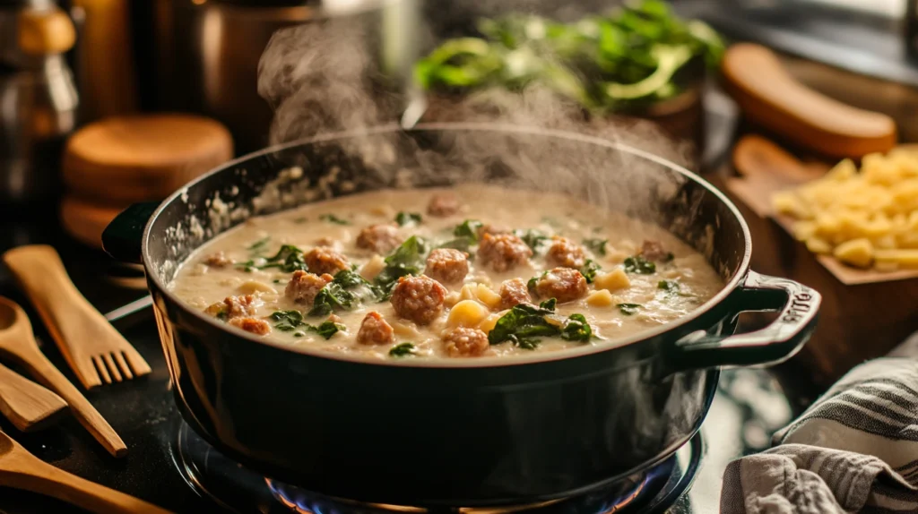 A pot of creamy parmesan Italian sausage soup bubbling on the stove, rich with pasta and sausage in a creamy broth.