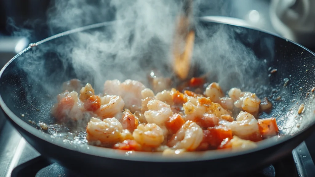 Shrimp cooking in a skillet with garlic and melting butter, steam rising.