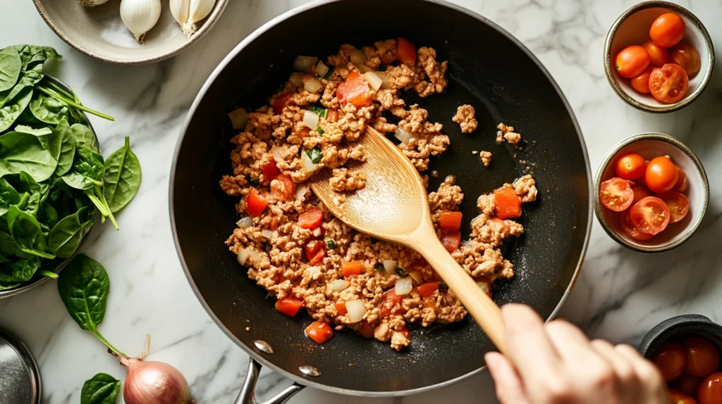 Ground chicken cooking in a skillet with garlic and onions, surrounded by fresh ingredients like tomatoes and spinach.