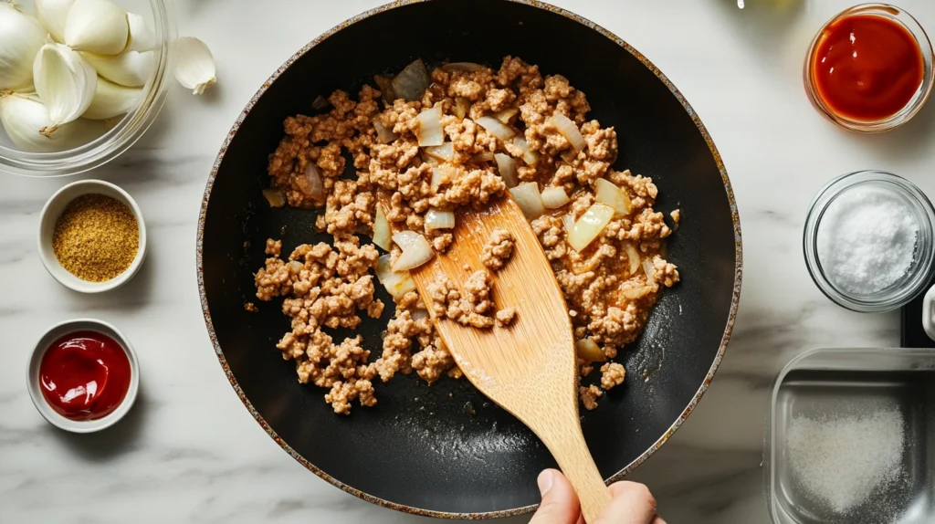  Ground chicken sautéed with onions and garlic in a skillet for cheesy chicken sloppy joes.