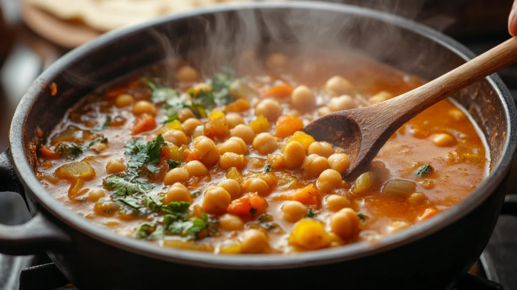 Cooking Joan Nathan’s chickpea soup, a pot simmering on the stove with visible fresh vegetables and aromatic spices.