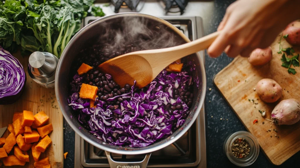 Overhead view of a pot of purple black bean soup being stirred with a wooden spoon, surrounded by fresh ingredients.