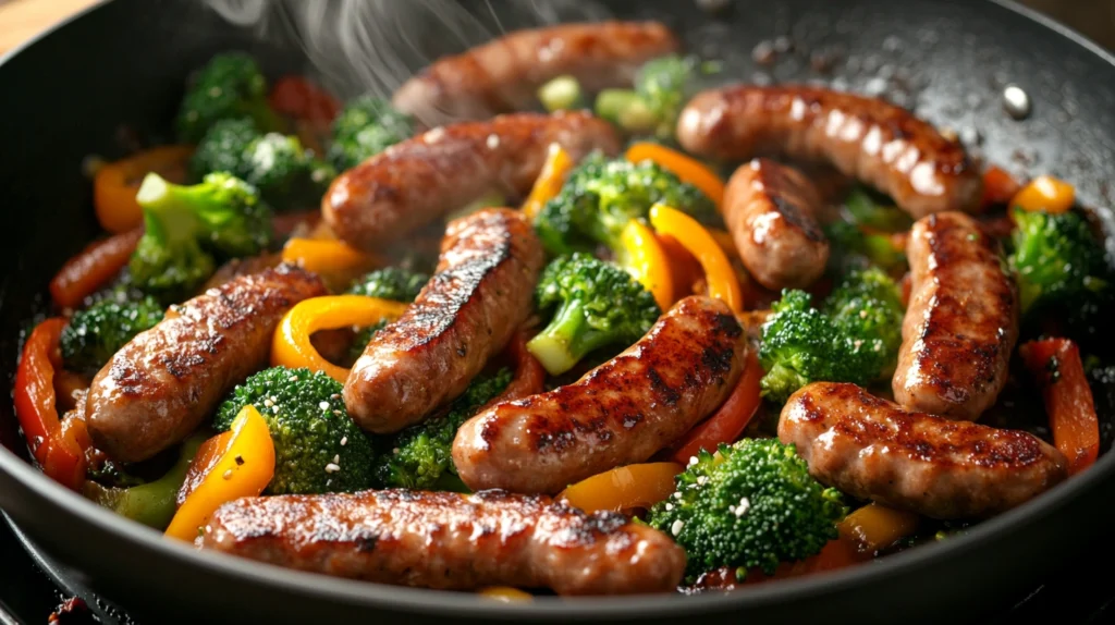 Close-up of sausage and broccoli being stir-fried in a skillet with bell peppers and sauce.