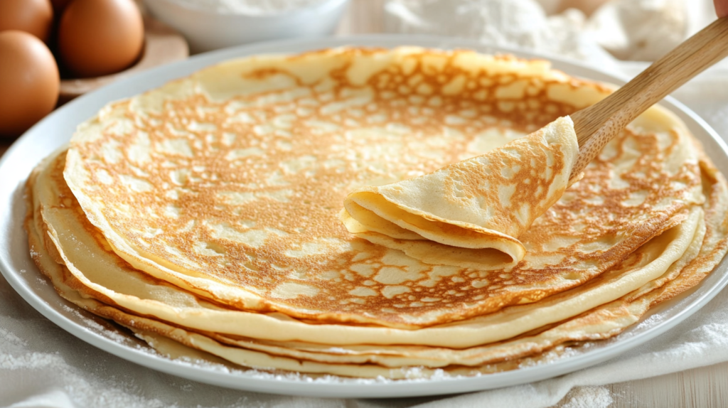 Golden-brown crepes cooking on a non-stick pan, with a spatula lifting the edge for a perfect flip