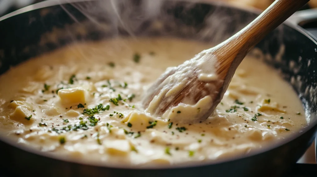 Saucepan of creamy Alfredo sauce being stirred with Parmesan and garlic.