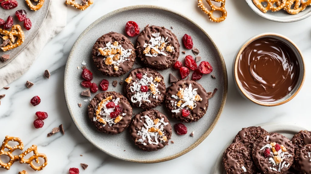 A plate of chocolate rice cakes with creative toppings like pretzels, coconut, and dried cranberries.