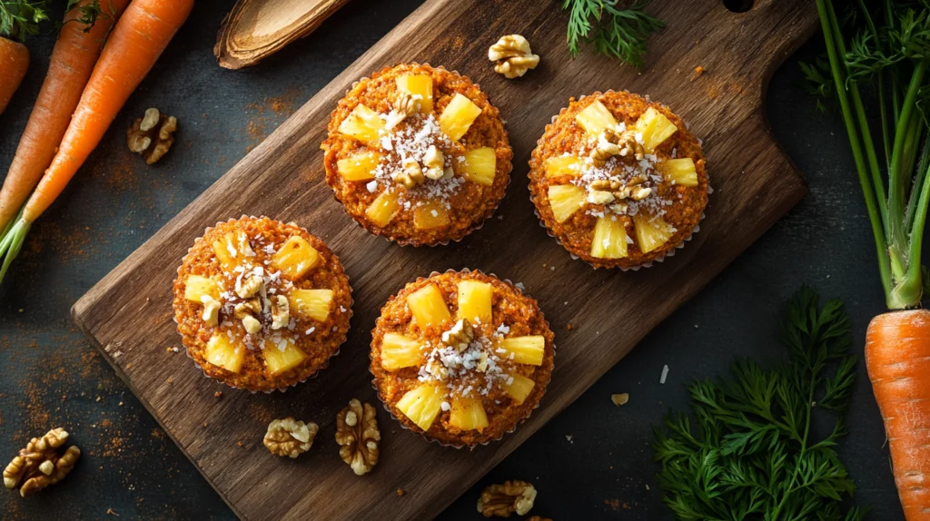 Mini carrot cakes topped with crushed pineapple, chopped walnuts, and shredded coconut, displayed on a rustic wooden board.