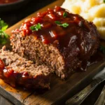 Freshly baked Creole meatloaf sliced with a rich tomato-based sauce, served with mashed potatoes.