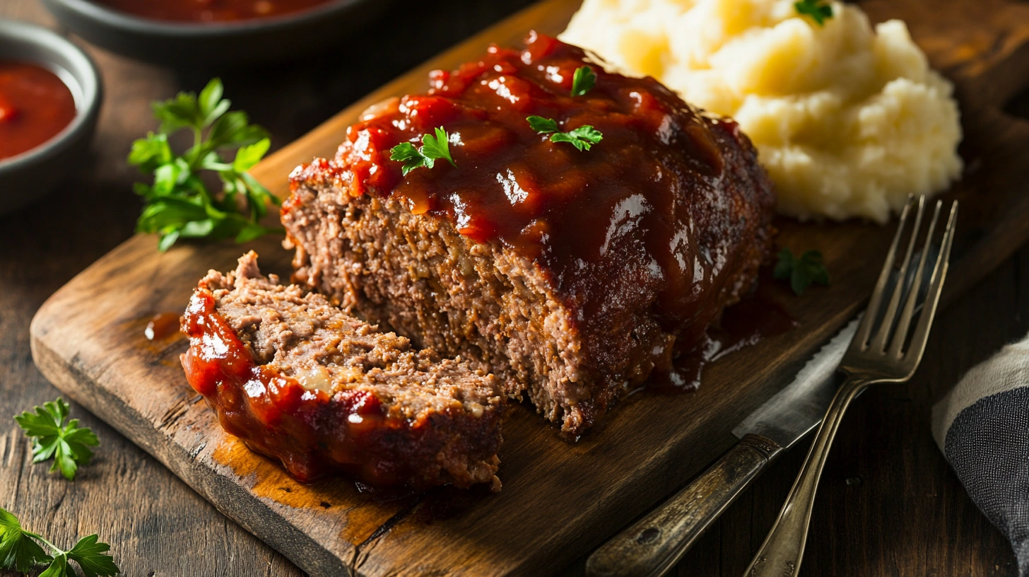 Freshly baked Creole meatloaf sliced with a rich tomato-based sauce, served with mashed potatoes.